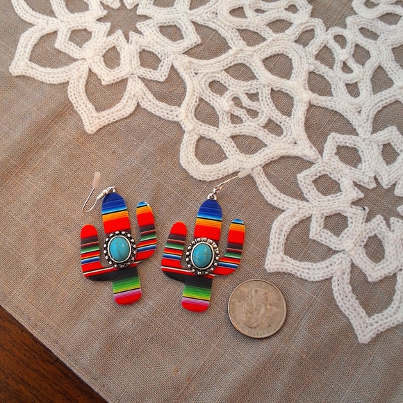 💥SALE💥Rainbow/Turquoise Stone NEW Boho Chic Cactus Dangle Earrings - Picture 2 of 6